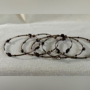 Delicate Brown Beaded Wire Bangle Stack - Women Jewelry